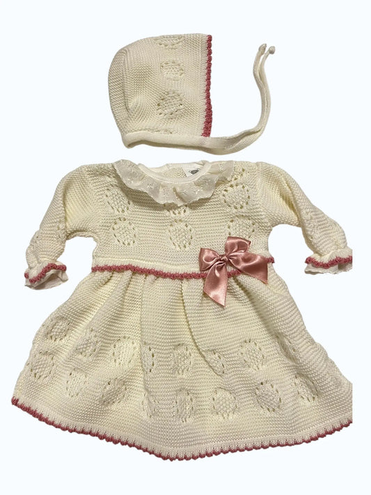 Vestido de Bebé em Algodão com Gola Bordada e Touca Rosa Velho Alma de Ternura