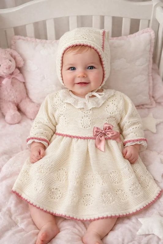 Vestido de Bebé em Algodão com Gola Bordada e Touca Rosa Velho Alma de Ternura