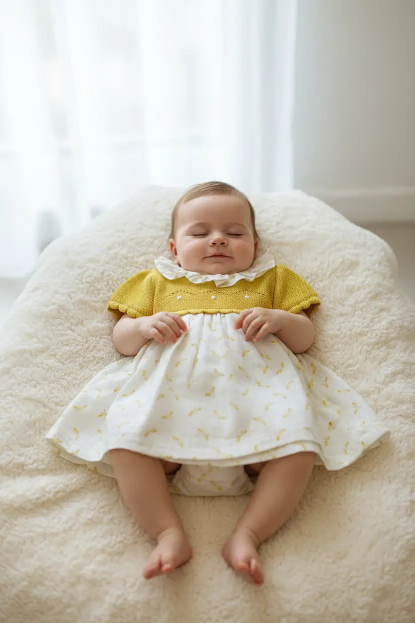Vestido de Bebé Amarelo com Folho e Detalhe de Flores Alma de Ternura