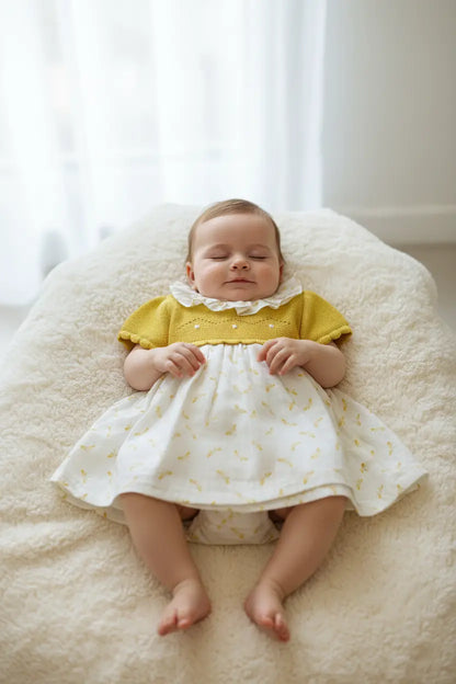 Vestido de Bebé Amarelo com Folho e Detalhe de Flores Alma de Ternura