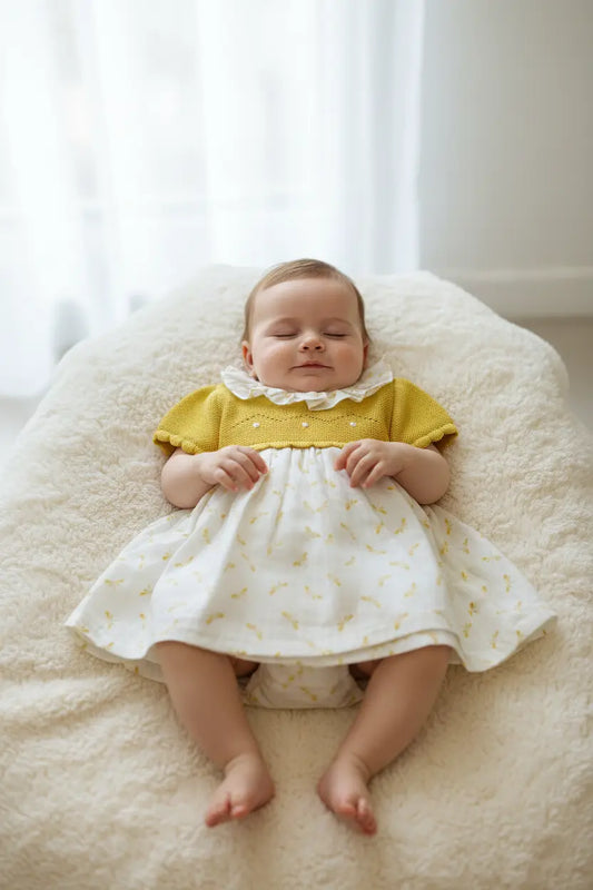 Vestido de Bebé Amarelo com Folho e Detalhe de Flores Alma de Ternura
