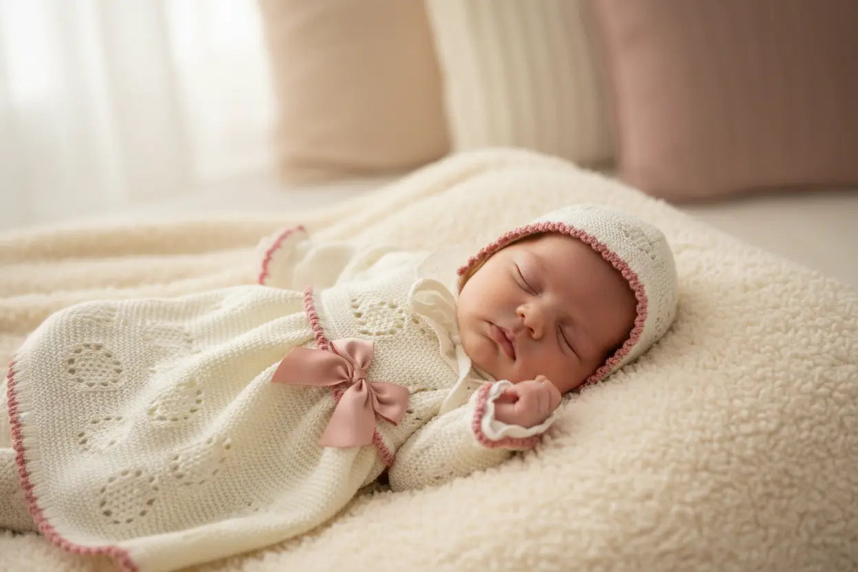 Vestido de Bebé em Algodão com Gola Bordada e Touca Rosa Velho Alma de Ternura