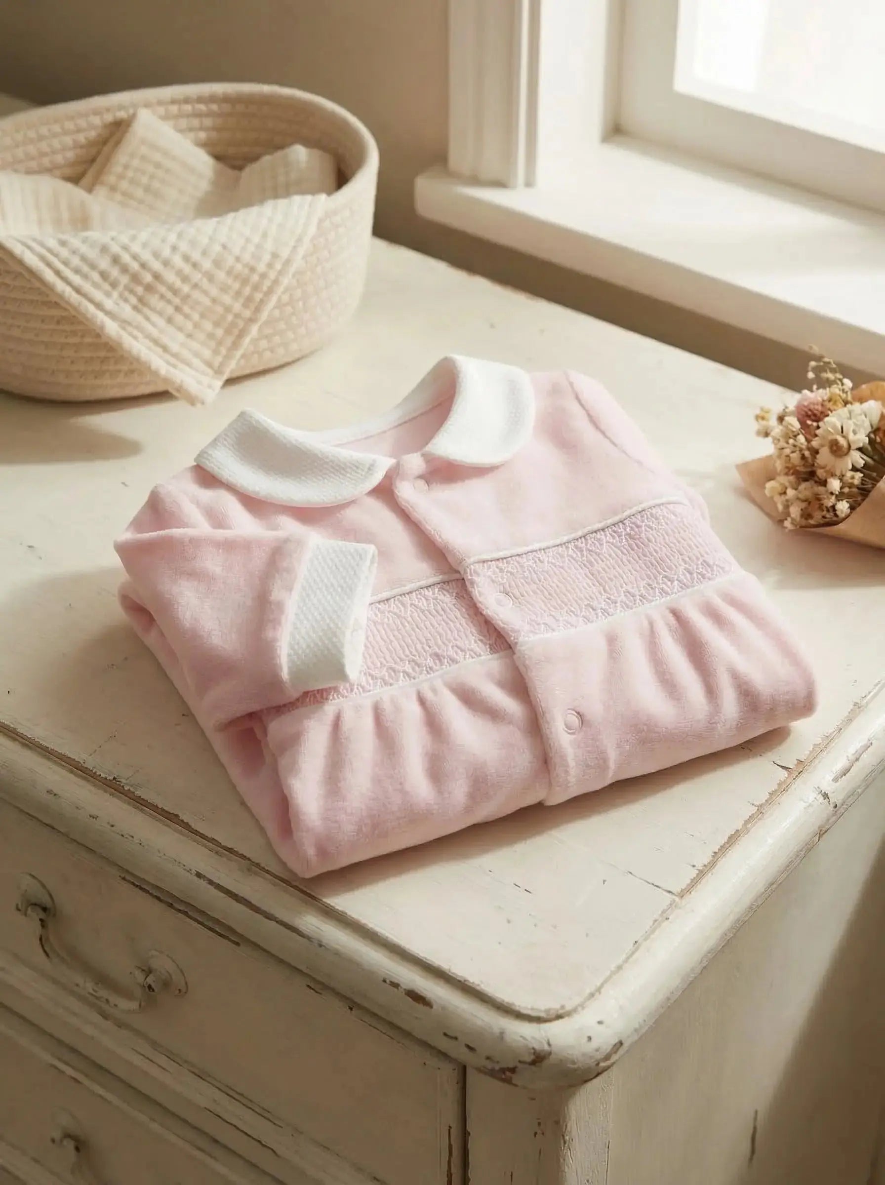 Babygrow Laminado com Gola Picket Rosa dobrado na comoda