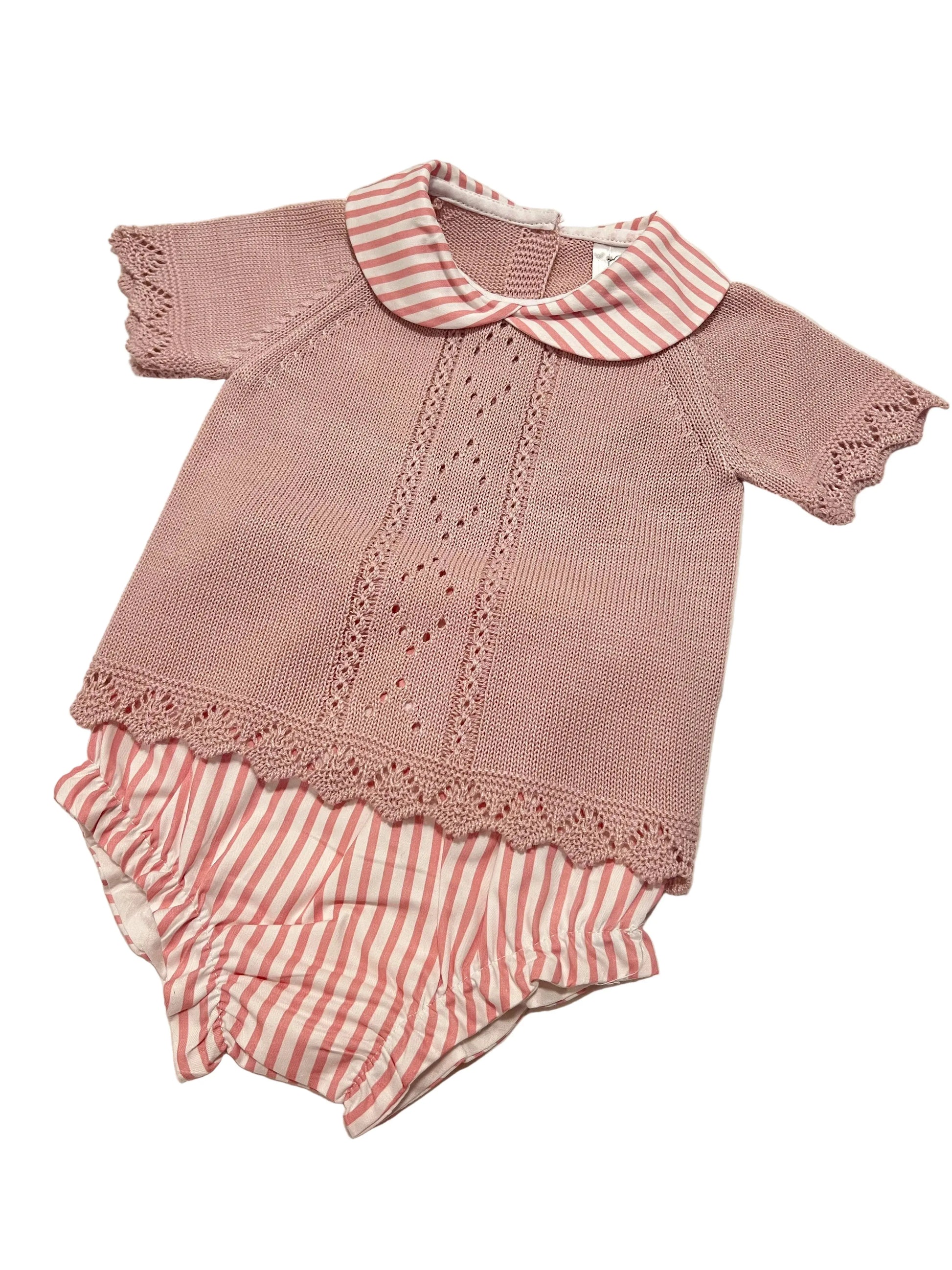 Conjunto de Bebé Tapa Fralda às Riscas com Camisola Manga Curta Rosa Velho Alma de Ternura
