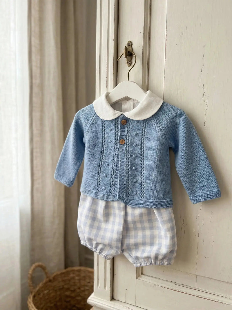 Conjunto de Algodão com Calção padrão Vichy azul claro, camisa e Casaco de malha