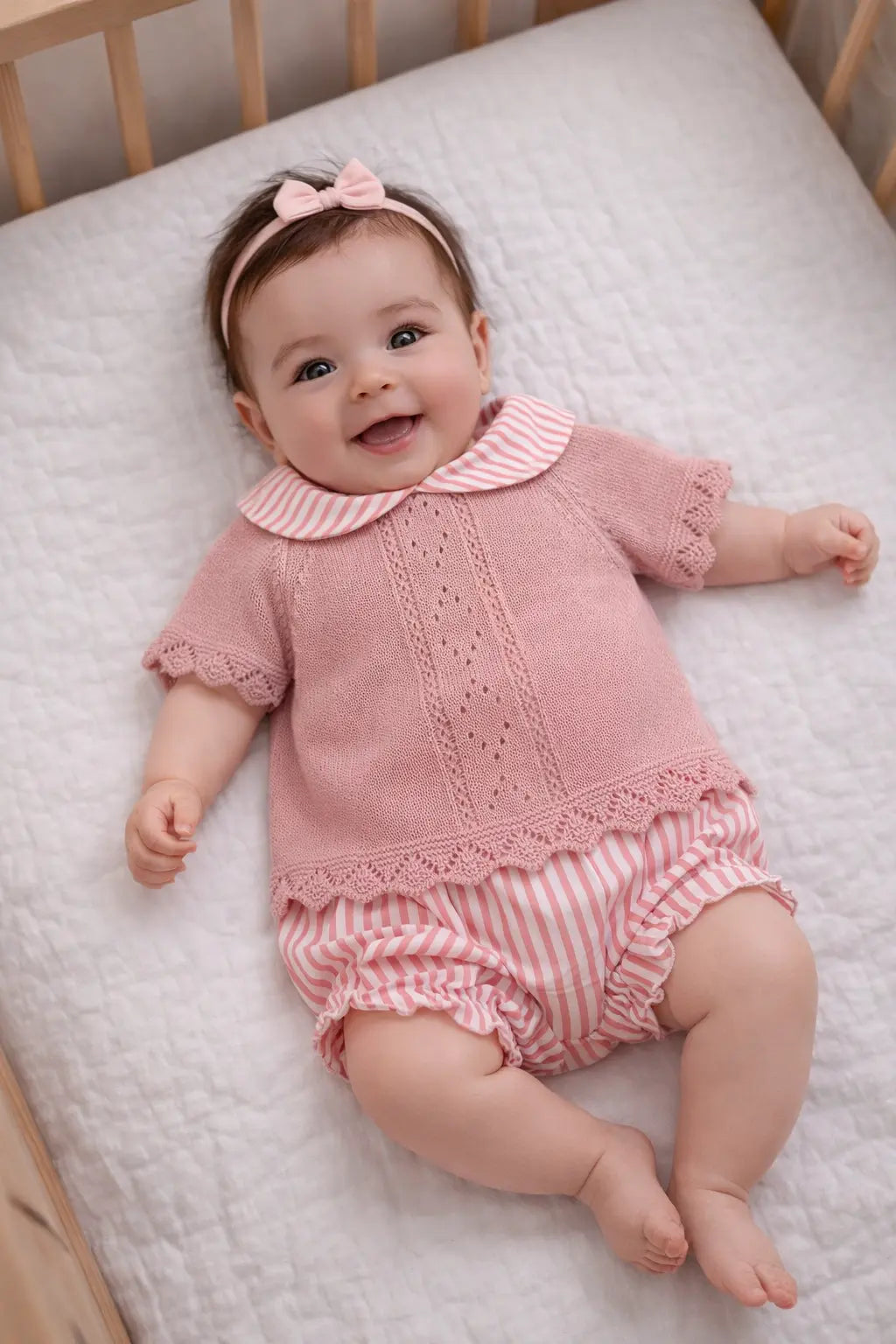 Conjunto de Bebé Tapa Fralda às Riscas com Camisola Manga Curta Rosa Velho Alma de Ternura