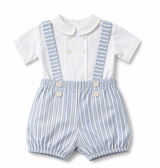 Jardineira de Bebé Azul e Branco com Riscas e Camisola de Manga Curta Alma de Ternura