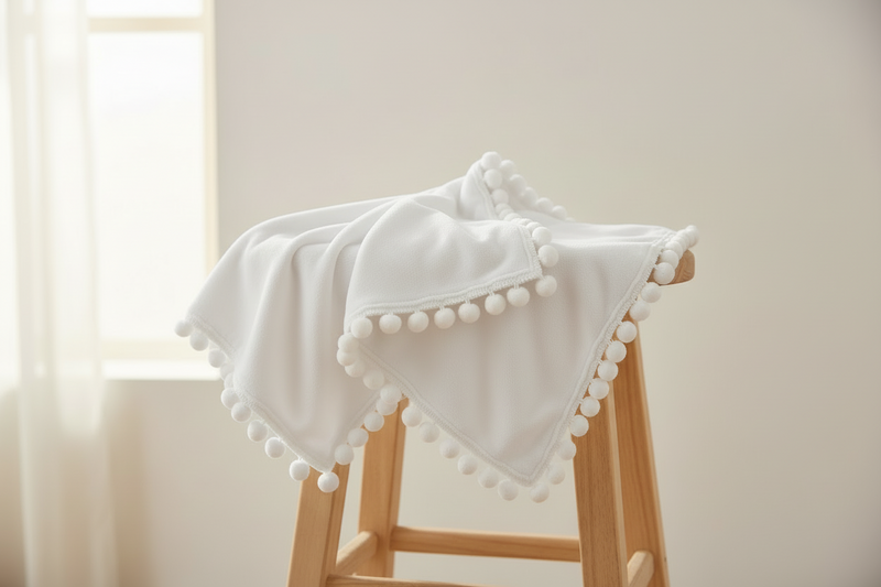 manta de bebe branca com pompons